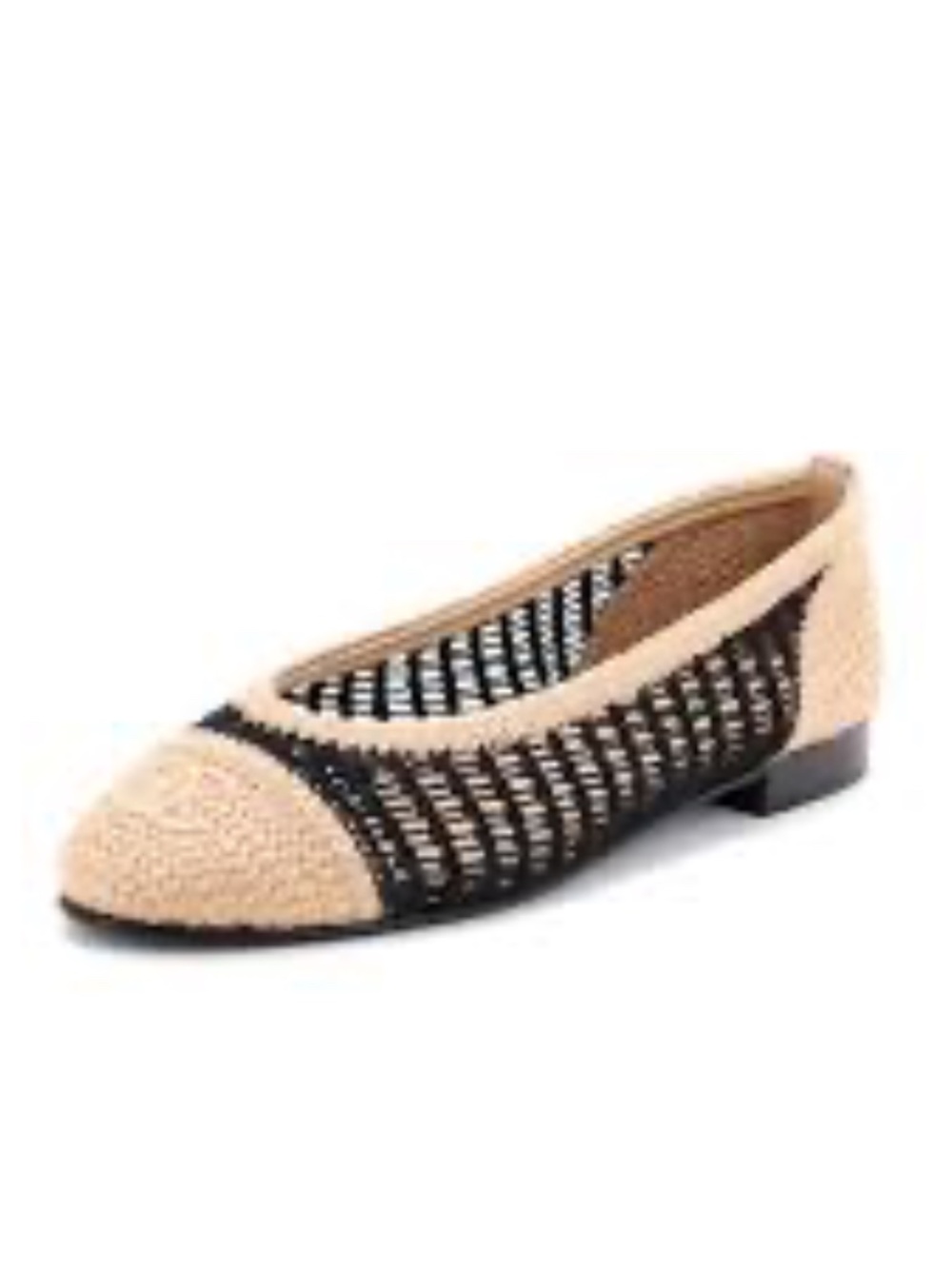 Chanel Raffia Crochet CC Cap Toe Ballet Flats Beige Black Size 36 w/ Box,Receipt - Picture 3 of 7